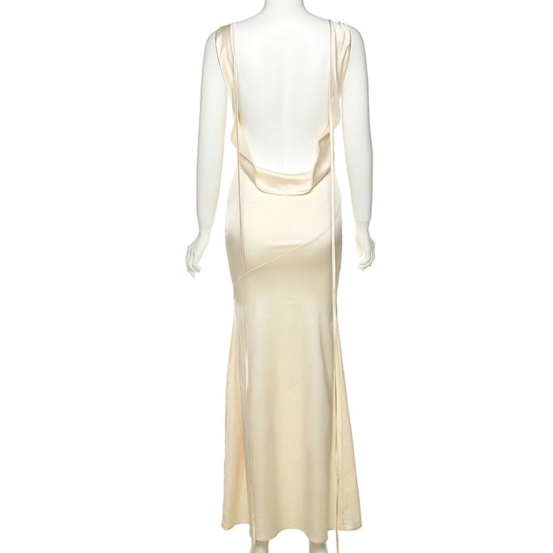 2024 Satin V Neck Strapless Club Sexy Maxi Dress Backless Slim Hollow Out Women Party Dresses Summer Elegant Vestidos