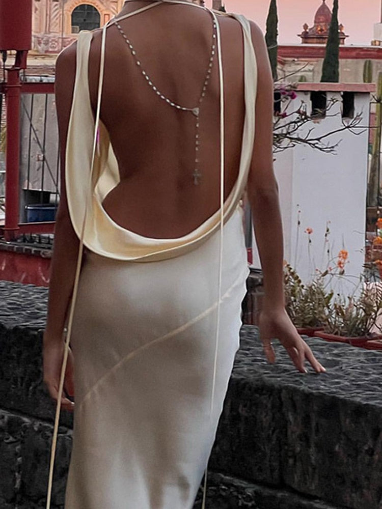 2024 Satin V Neck Strapless Club Sexy Maxi Dress Backless Slim Hollow Out Women Party Dresses Summer Elegant Vestidos